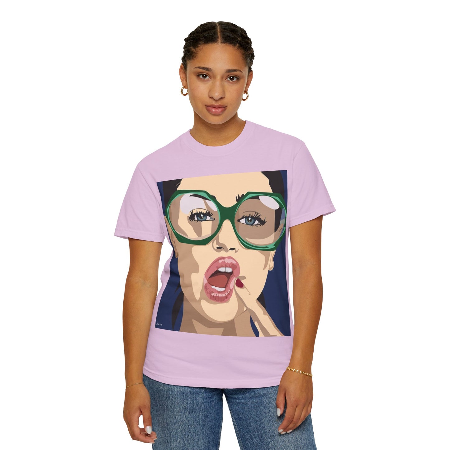 Pop Art Woman Graphic T‑Shirt — Retro Chic Green Glasses Design
