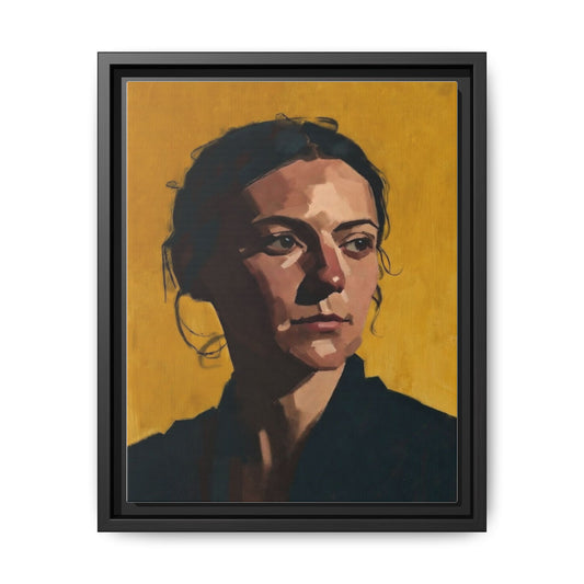 Framed Matte Canvas Portrait Art — Moody Woman on Mustard Background