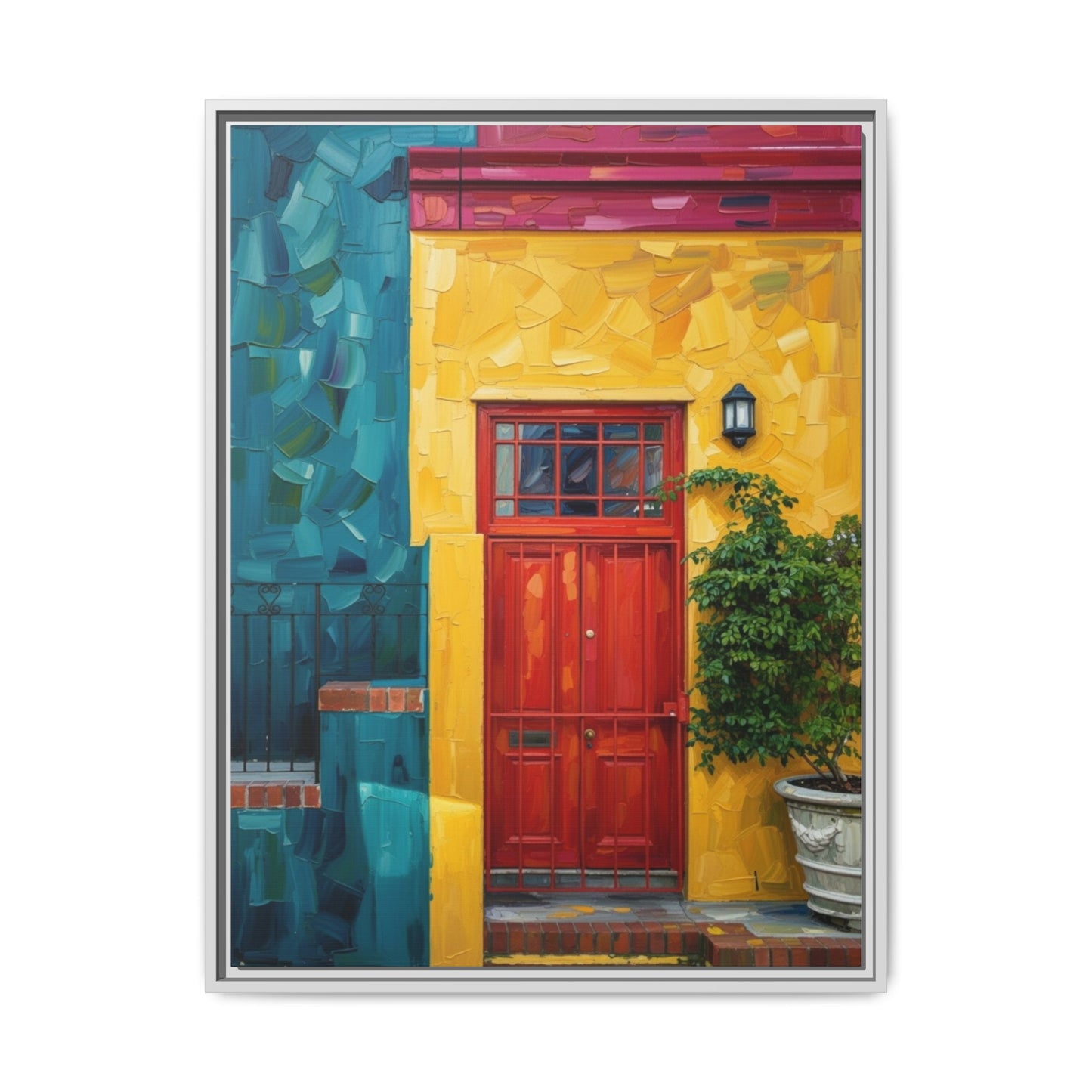 Framed Matte Canvas Wall Art — Colorful Red Door on Yellow Facade
