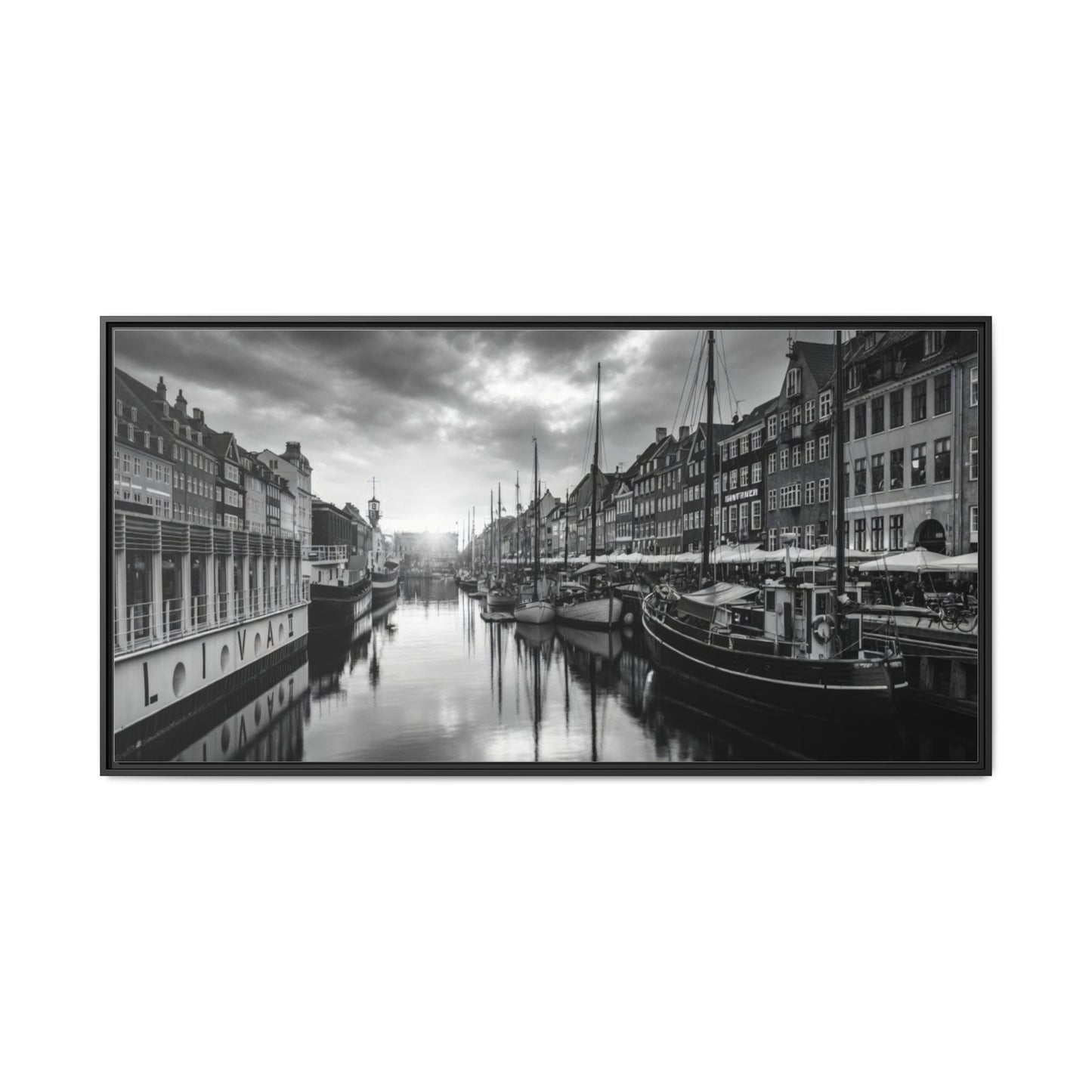 Framed Matte Canvas: Black & White Dutch Canal Photography Wall Art