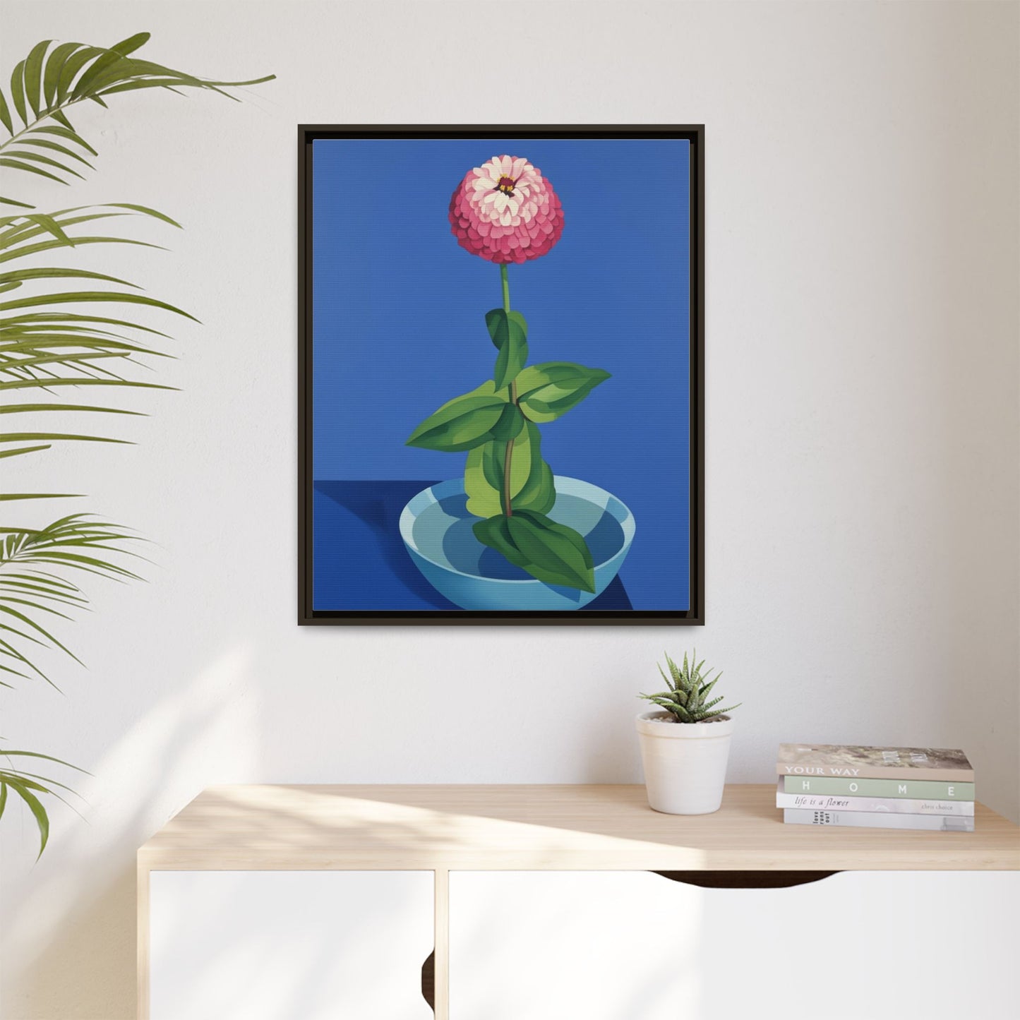 Framed Matte Canvas Art — Pink Zinnia in Blue Bowl (Botanical Still Life)