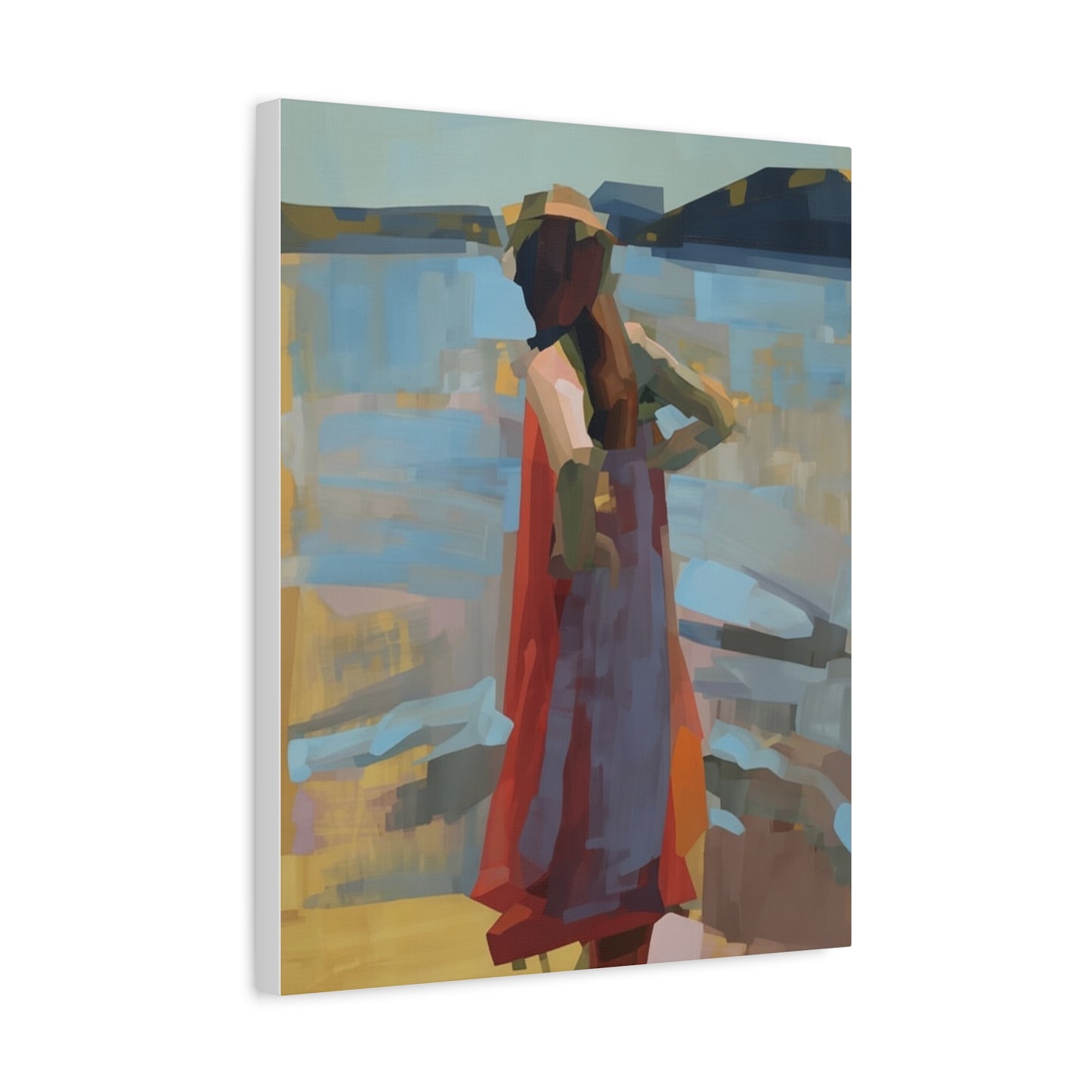 Coastal Stroll Matte Canvas Print — Abstract Woman in Red Dress, Stretched 1.25"