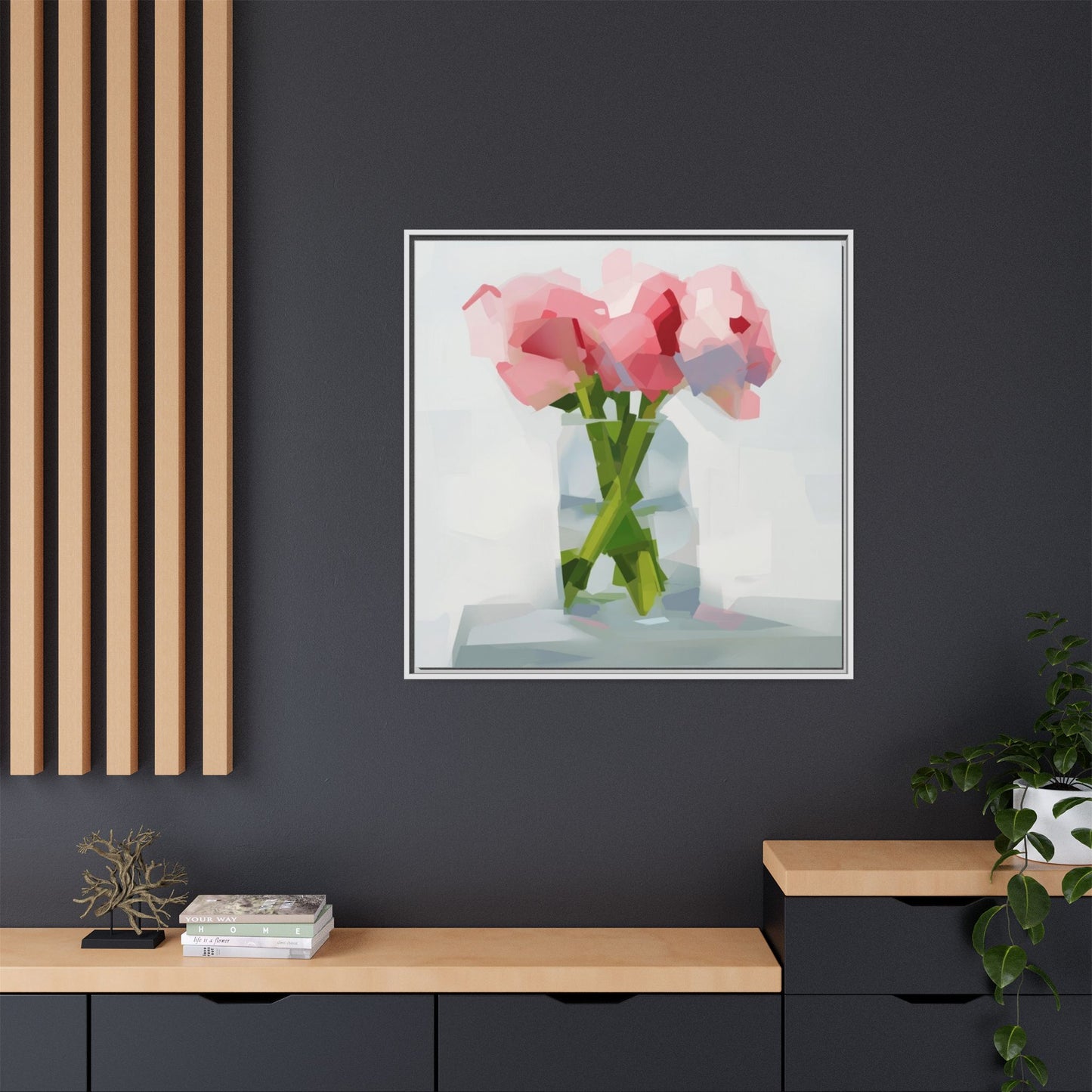 Framed Floral Canvas Art — Pink Peonies in Vase (Matte)
