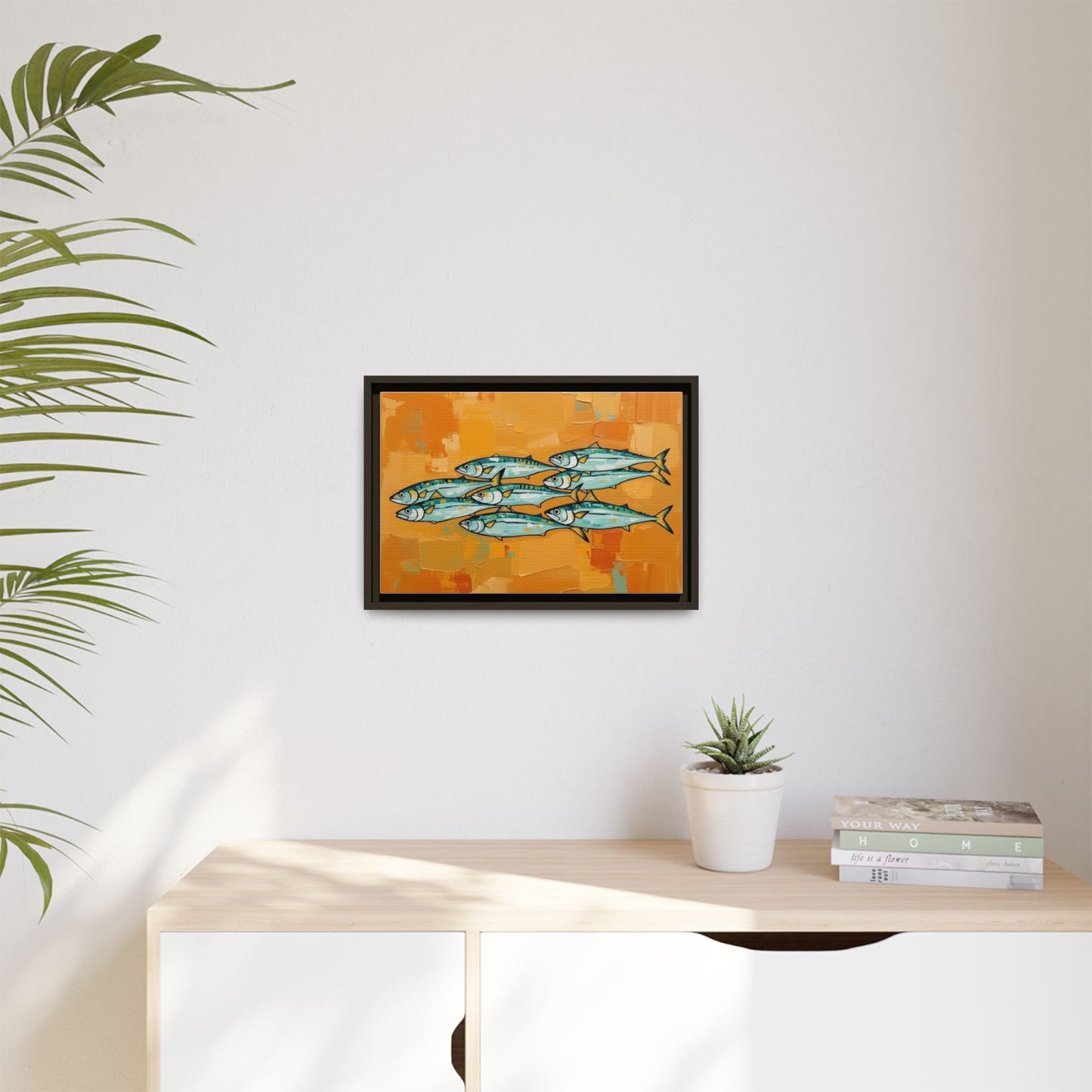 Framed Matte Canvas Print — School of Blue Fish on Orange Abstract Background
