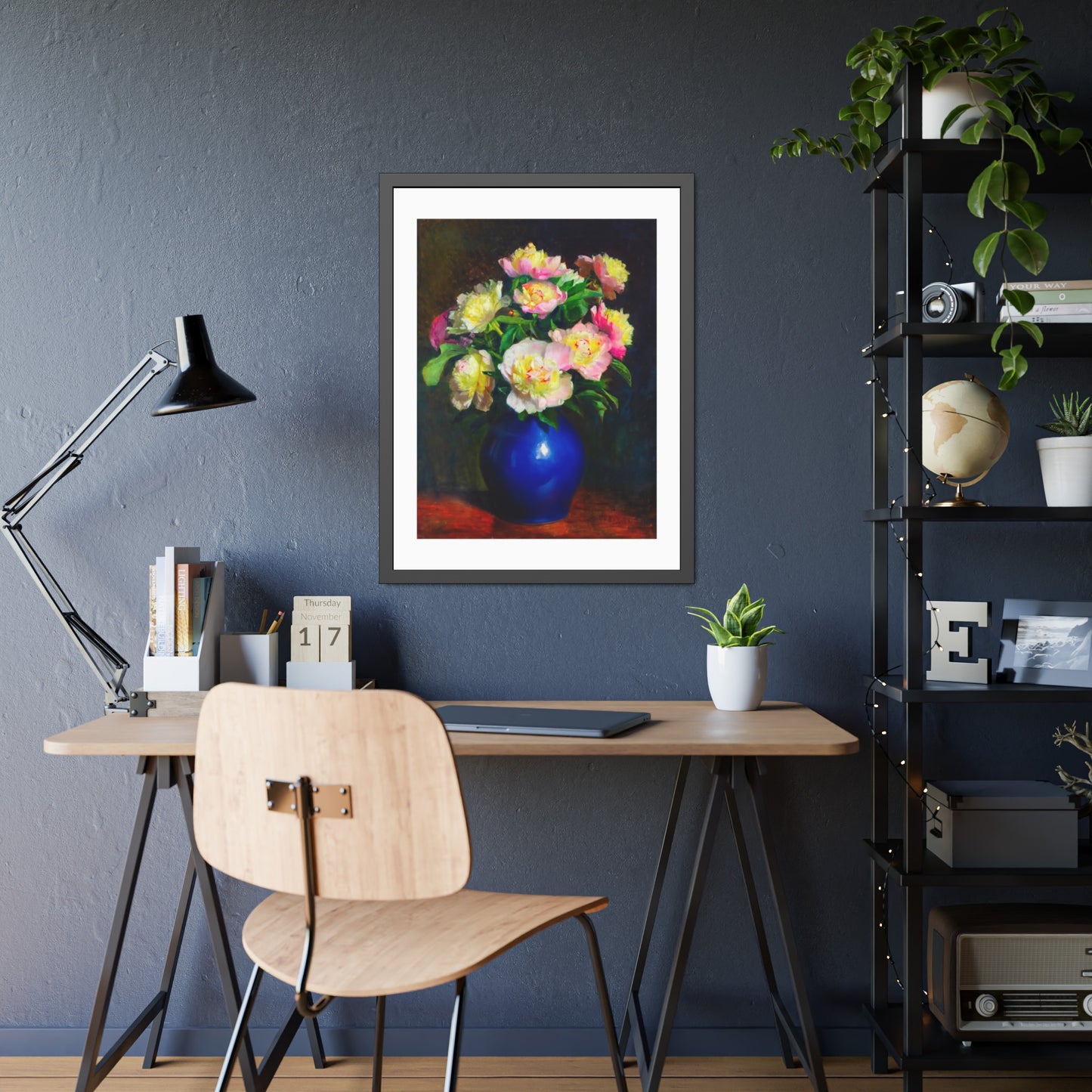 Framed Floral Poster — Pink Peonies in Blue Vase Wall Art