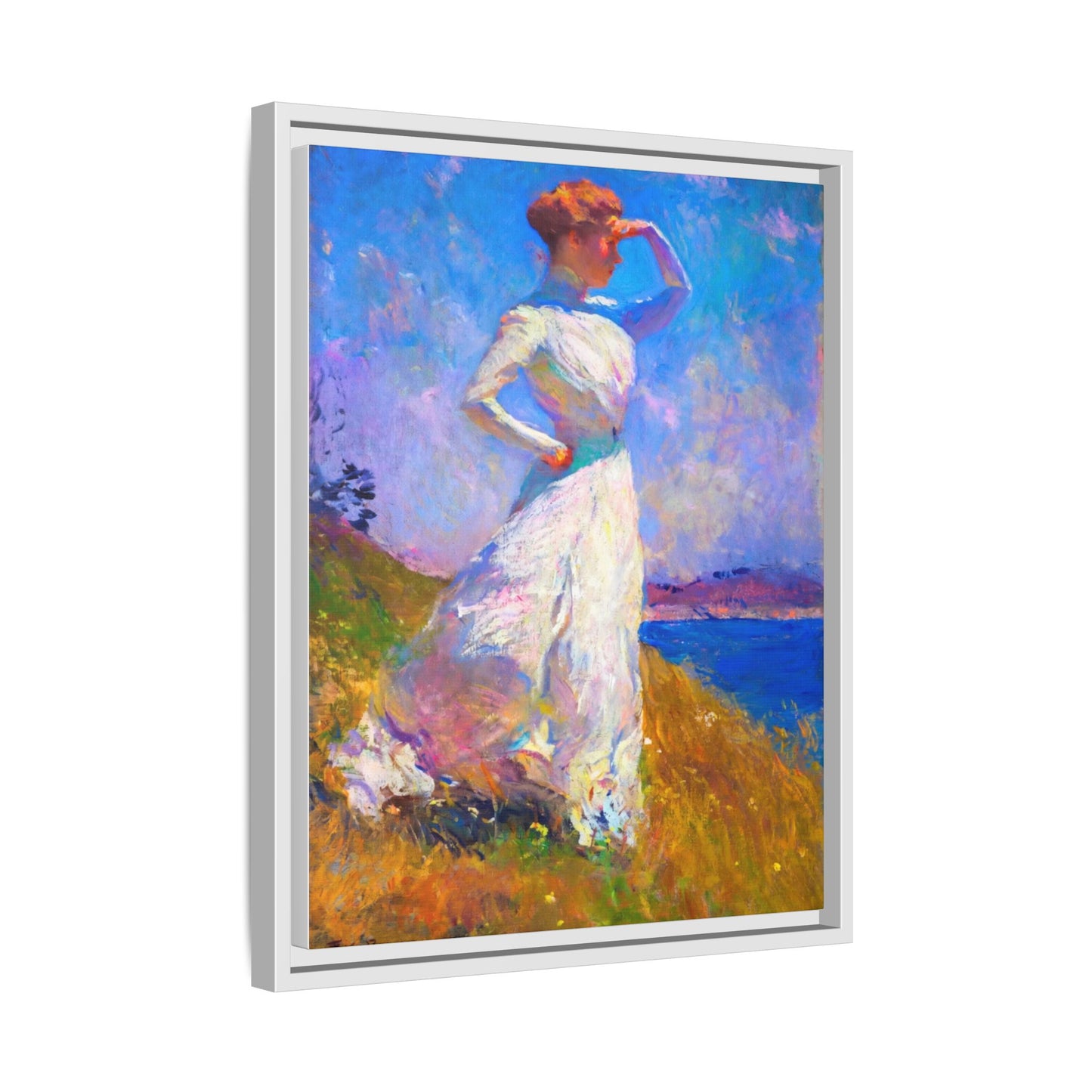 Framed Matte Canvas Art - Woman in White Seaside Impressionist Print