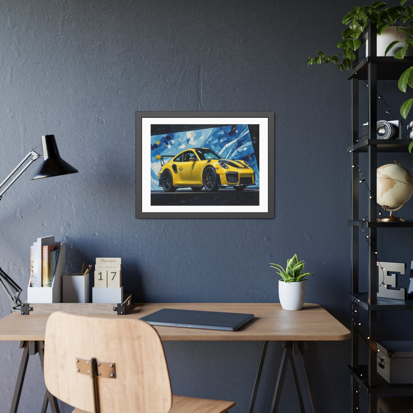 Framed Poster - Yellow Porsche Sports Car Art Print (Modern Automotive Wall Decor)
