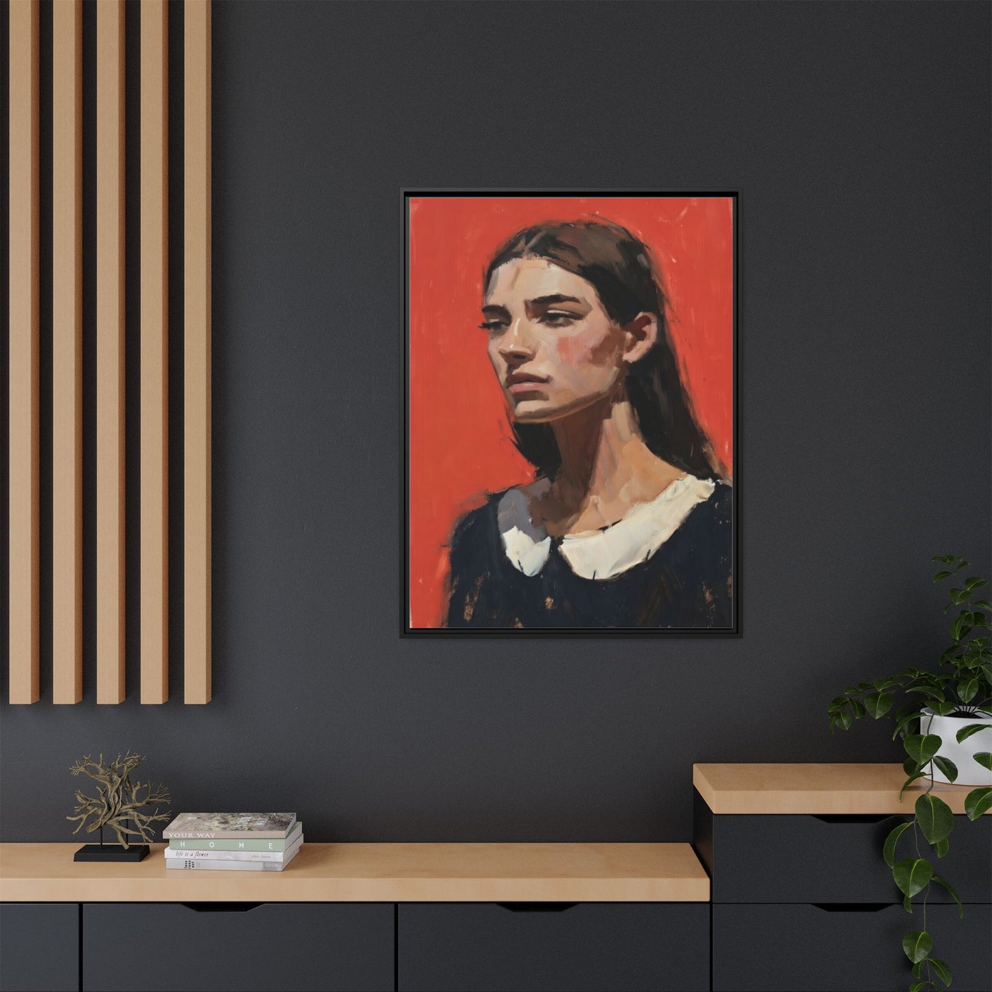 Framed Matte Canvas Portrait Print — Moody Red Figurative Art