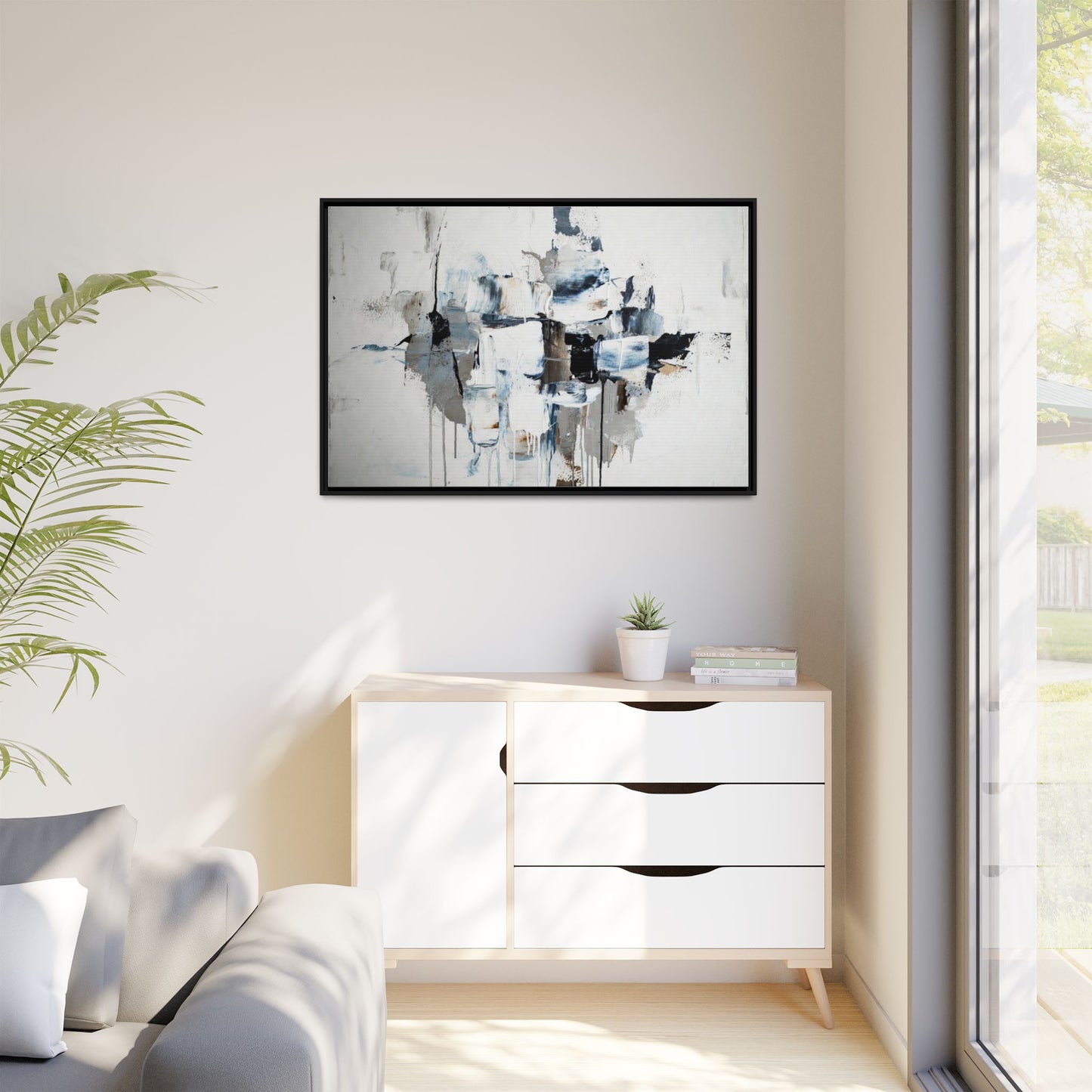 Framed Abstract Canvas Art — Blue Neutral Modern Wall Print