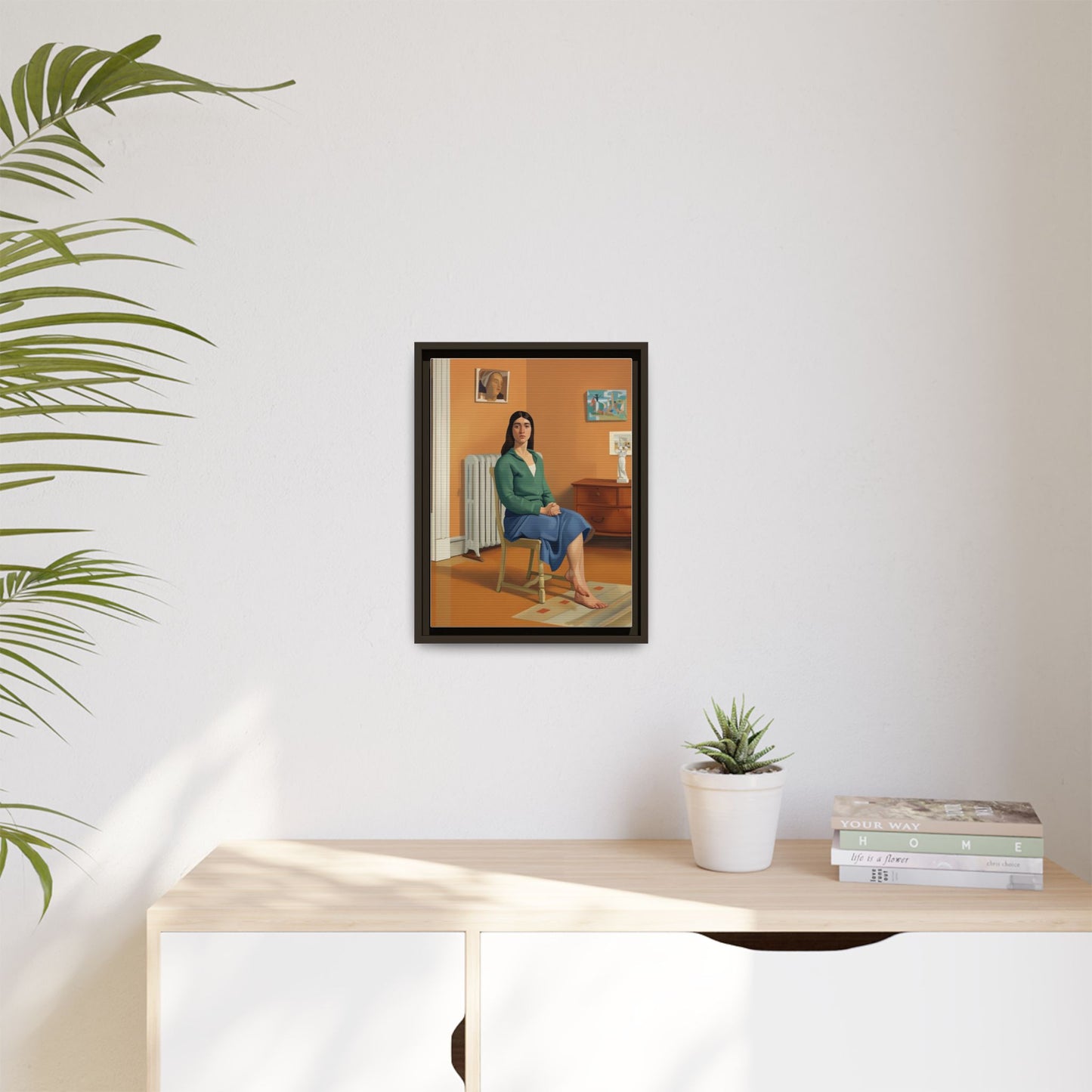 Framed Matte Canvas Print — Woman Seated in Warm Interior (Midcentury Portrait)