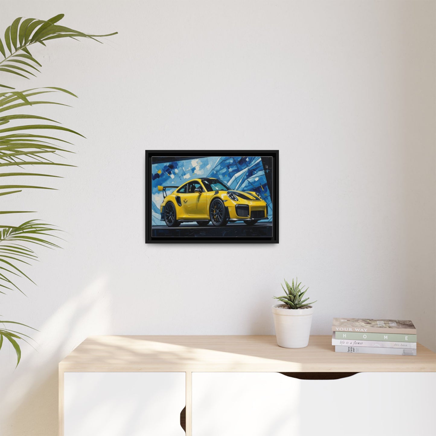 Yellow Porsche Sports Car Matte Framed Canvas – Modern Automotive Wall Art