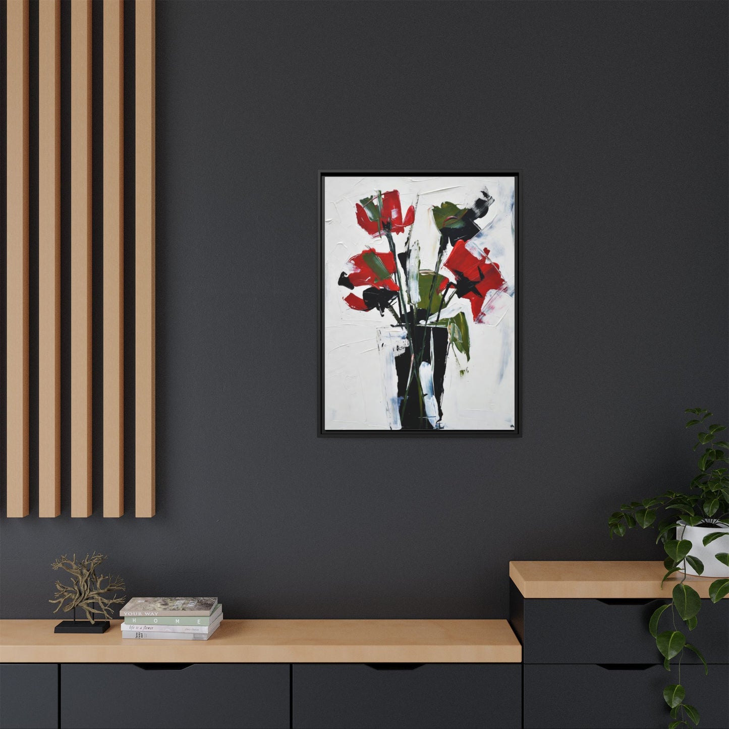 Framed Abstract Floral Canvas Print — Red Poppies in Black Vase