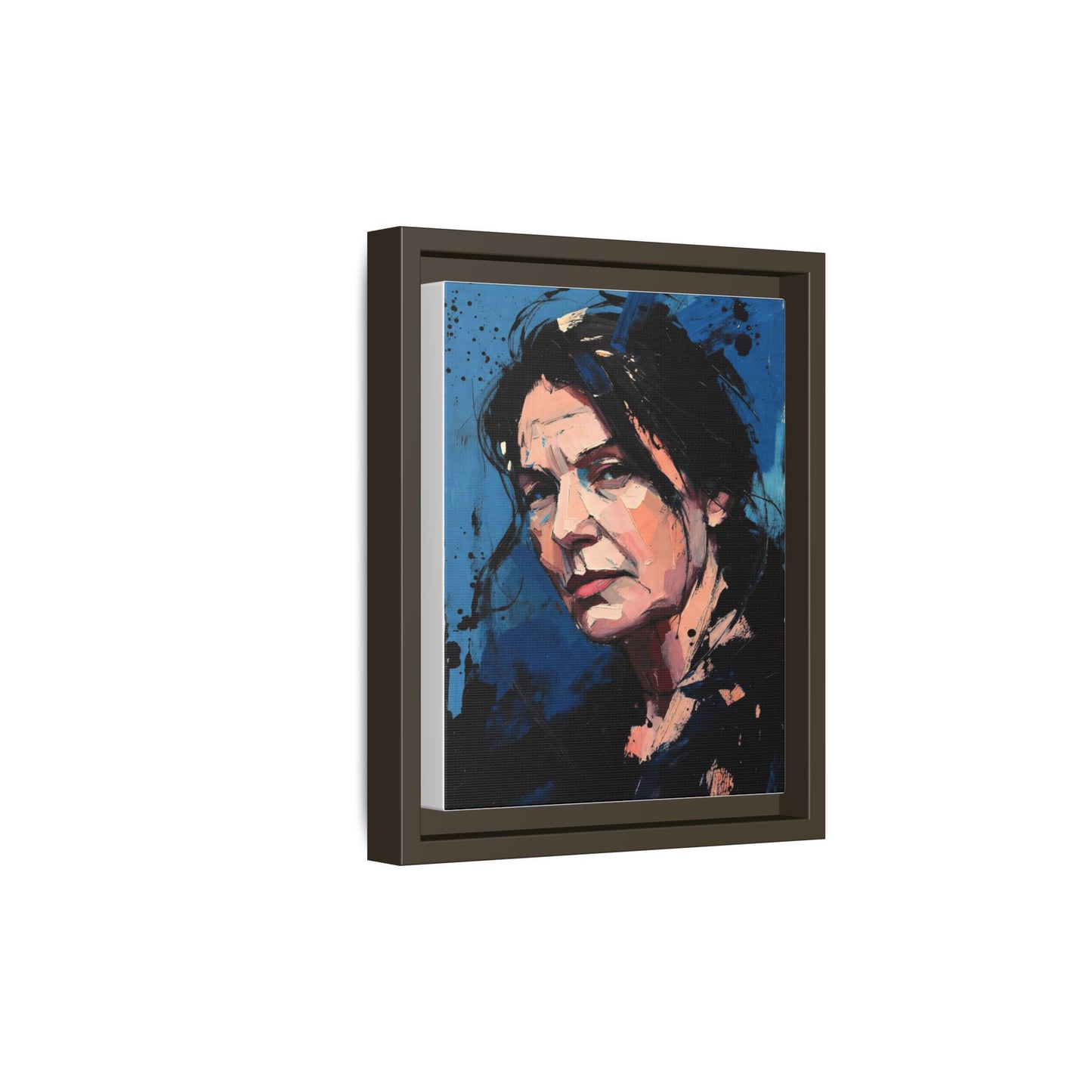 Framed Matte Canvas Portrait — Expressive Blue Painterly Woman Art