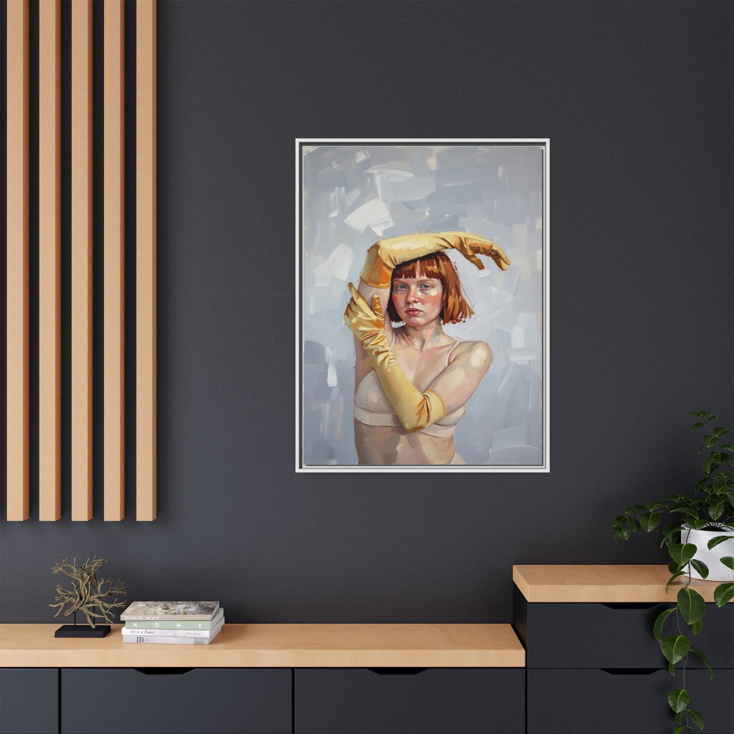 Contemporary Portrait Canvas Print — Woman with Yellow Gloves (Framed Matte)