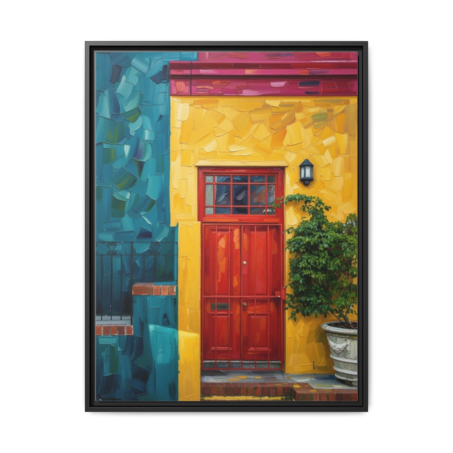 Framed Matte Canvas Wall Art — Colorful Red Door on Yellow Facade