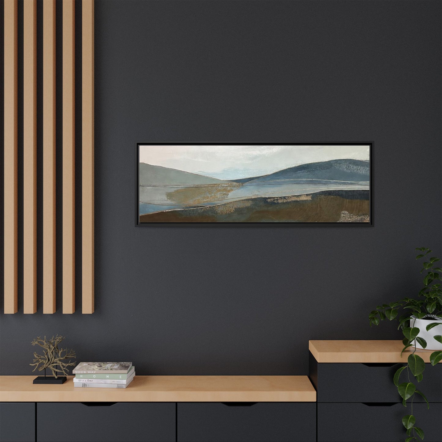 Framed Matte Canvas Landscape Art - Serene Abstract Hills in Blue & Earth Tones