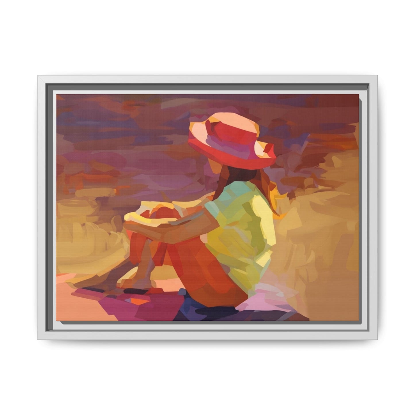 Framed Matte Canvas — Colorful Seated Girl Beach Art