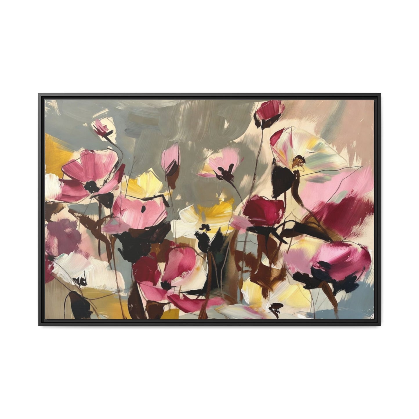 Framed Floral Canvas Wall Art — Abstract Pink & Yellow Flowers