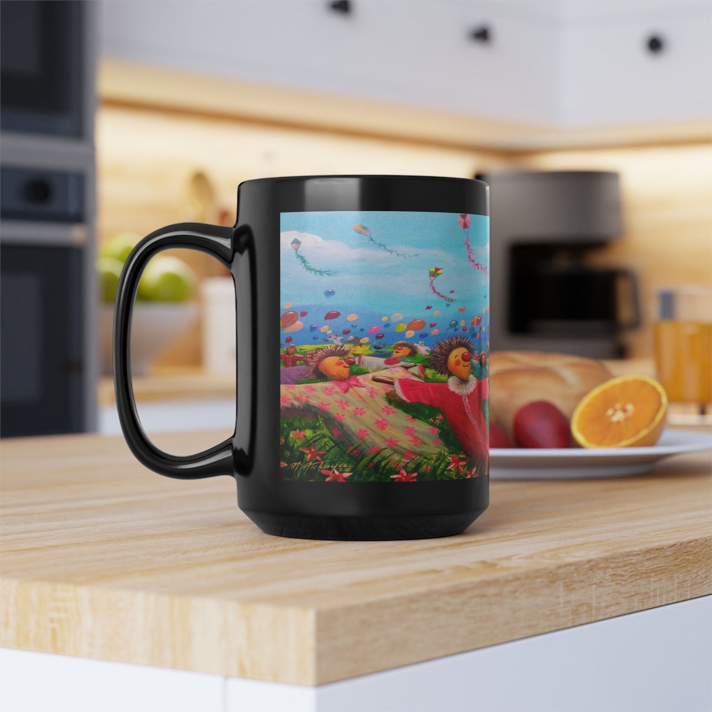 Black Ceramic Mug — Whimsical Kite Festival Art (11oz & 15oz)