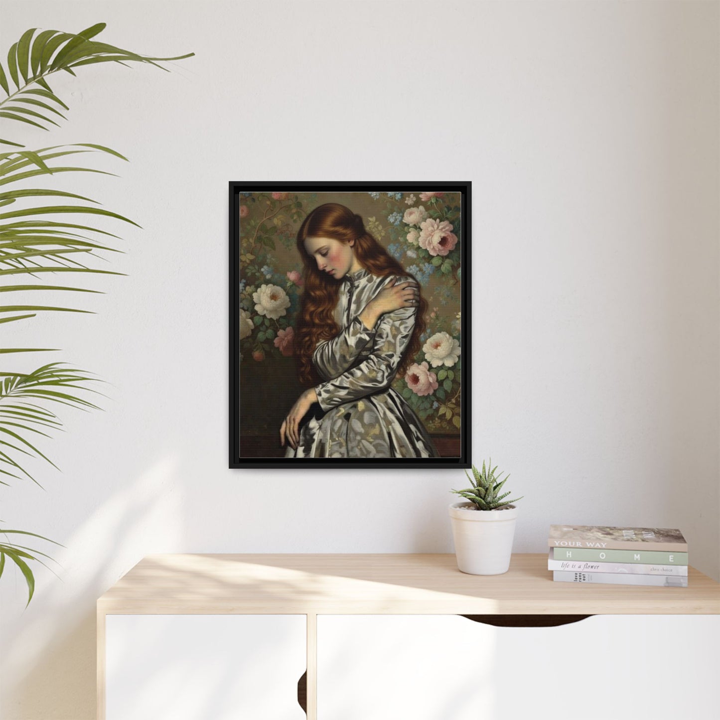 Framed Matte Canvas Art — Vintage Floral Portrait of a Young Woman