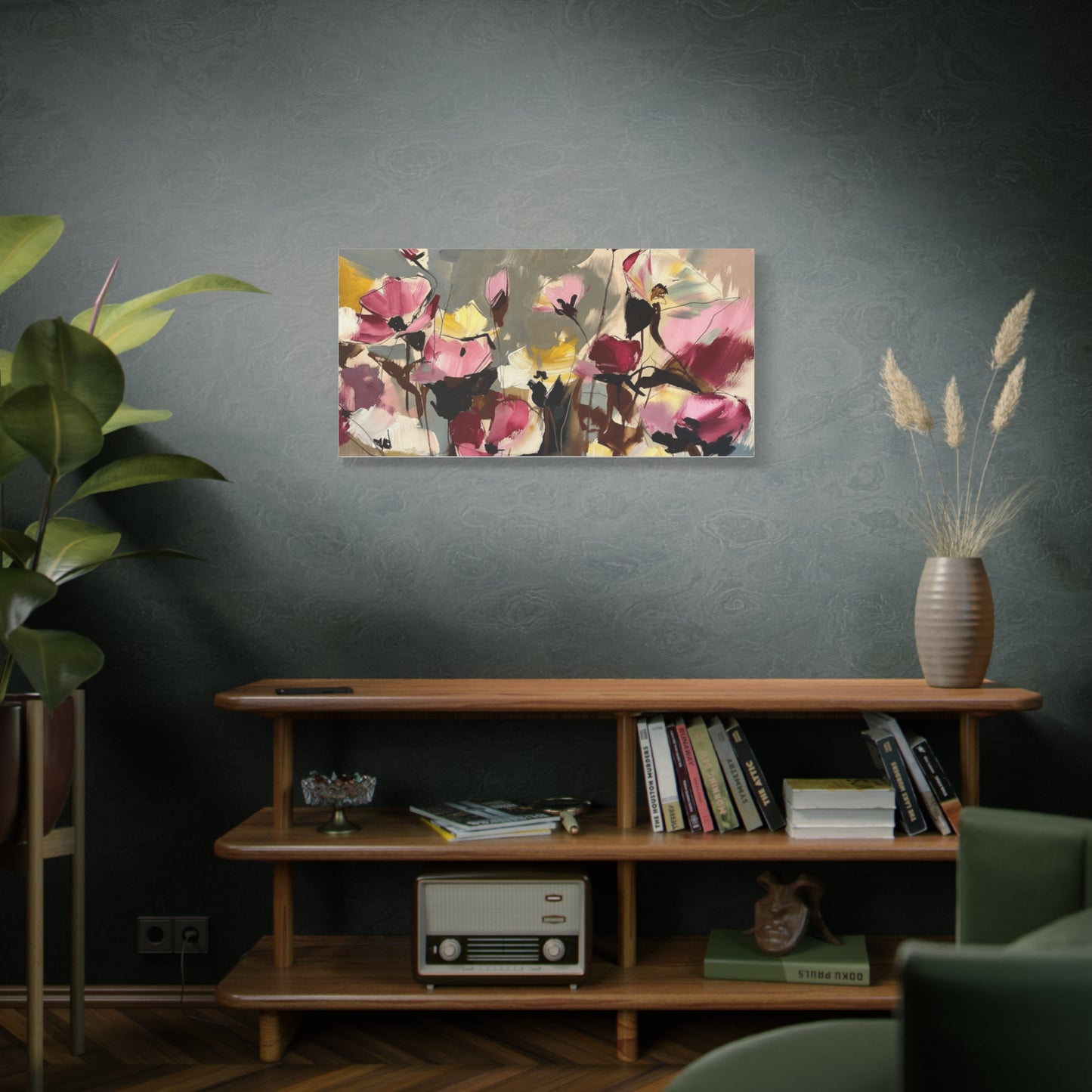 Floral Abstract Canvas Wall Art — Pink & Yellow Bloom Stretched Matte Print