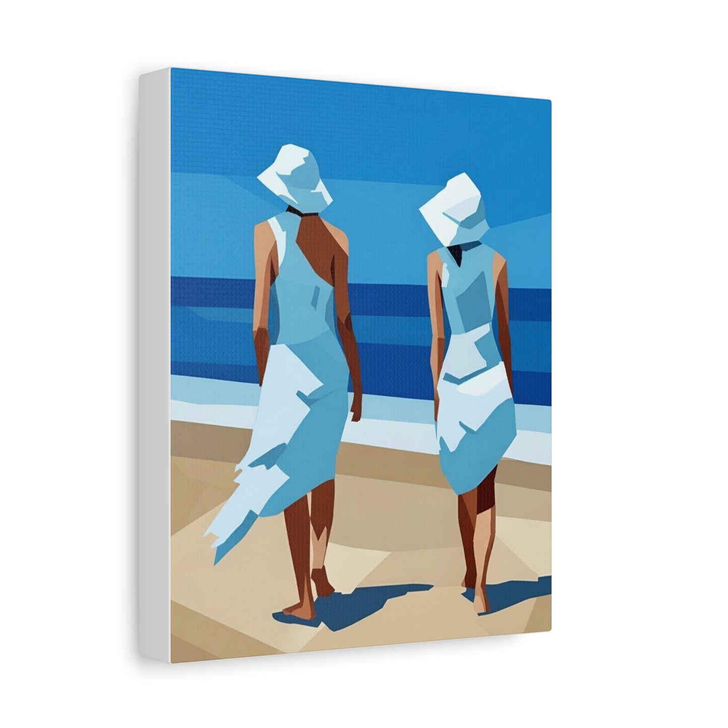 Beach Stroll Canvas Print — Two Women in Blue Sun Hats Matte Stretched