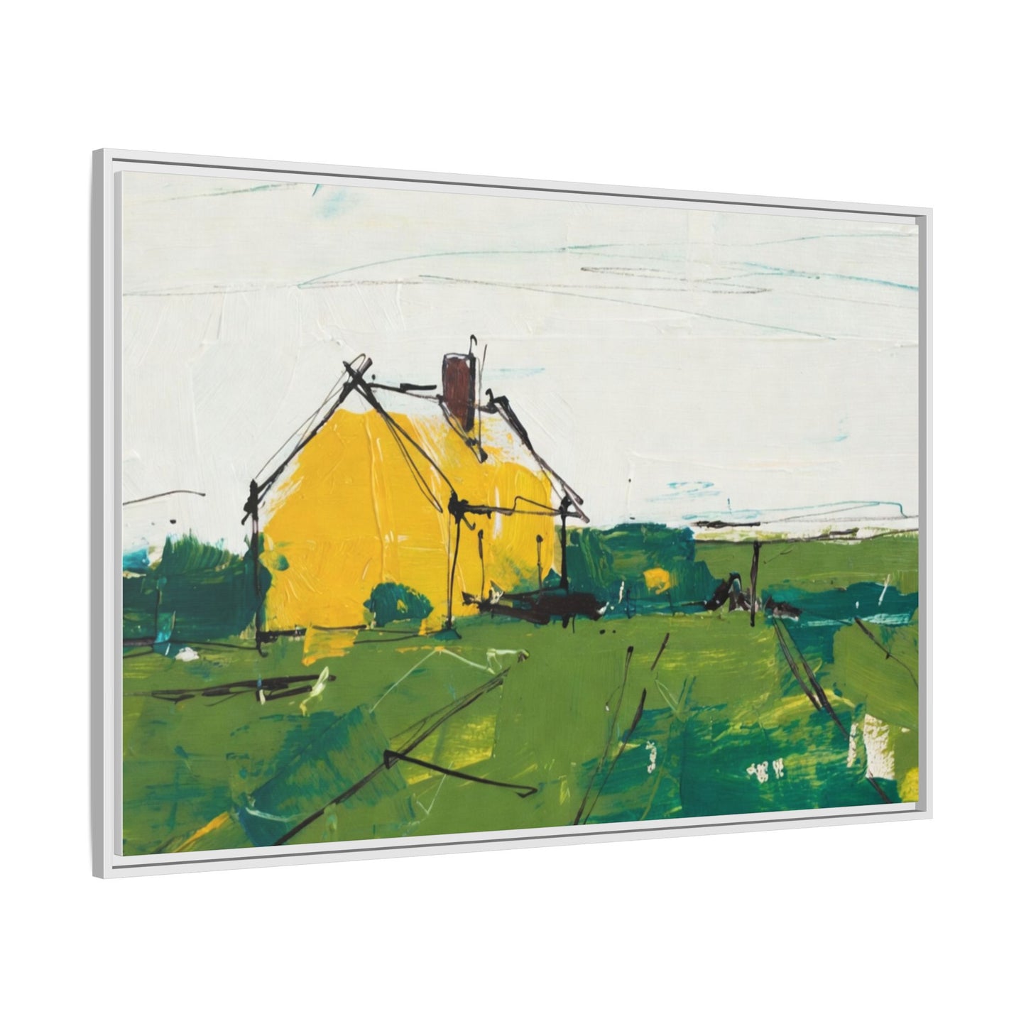 Yellow Cottage Landscape Framed Canvas Print