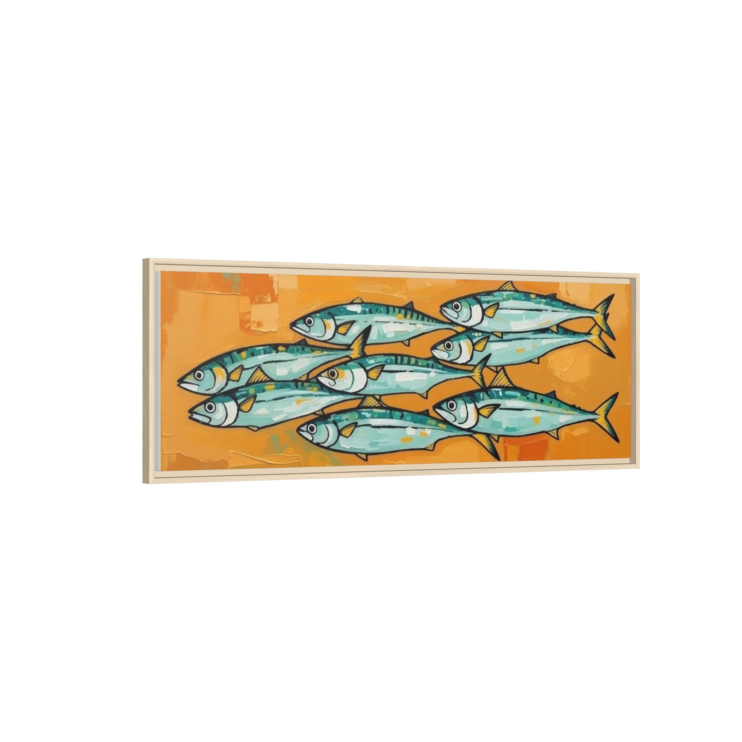 Framed Matte Canvas Print — School of Blue Fish on Orange Abstract Background