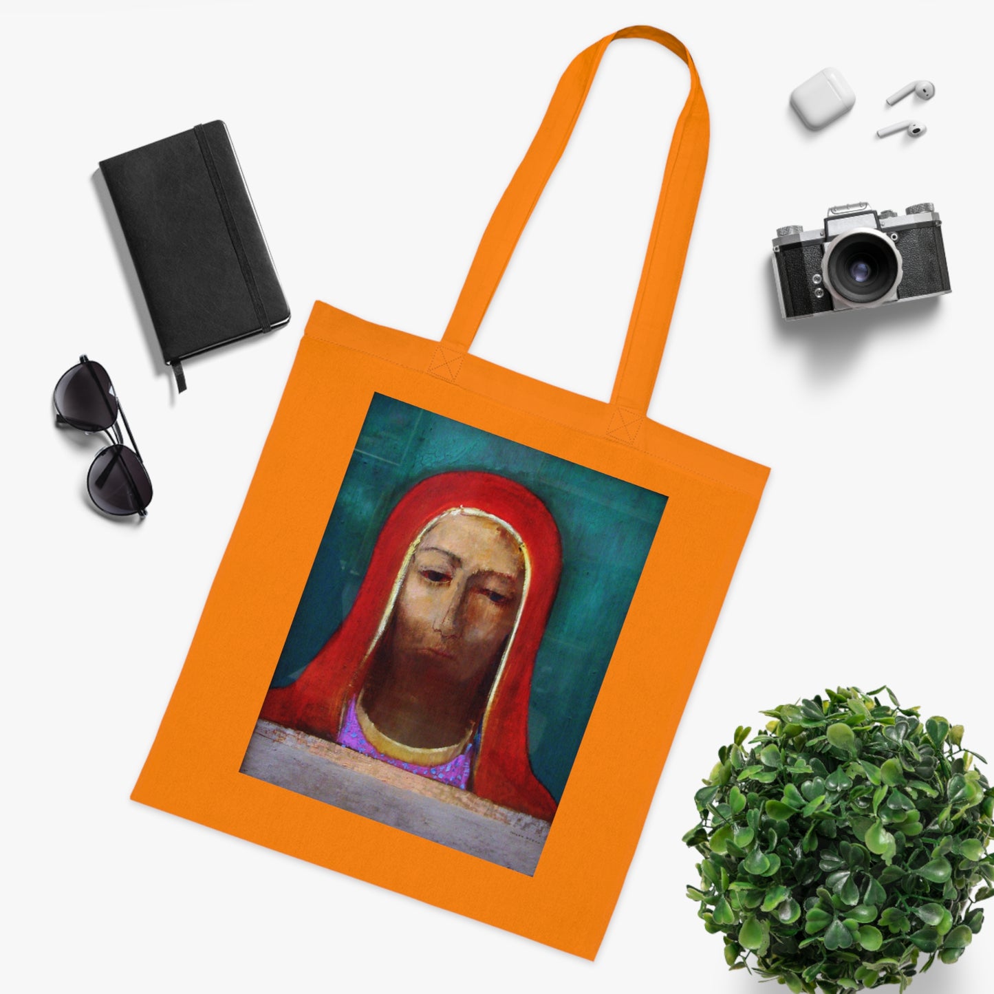 Art Portrait Tote Bag — Serene Red-Hooded Figure Canvas Cotton Tote
