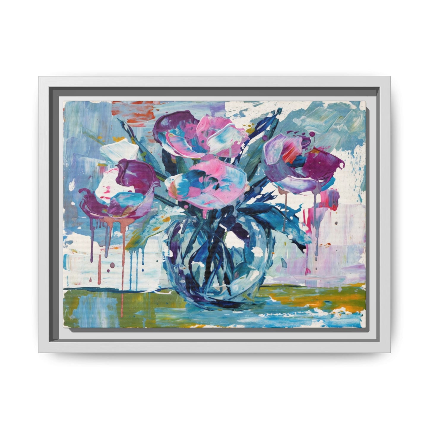 Framed Floral Canvas Art — Abstract Pink & Blue Bouquet