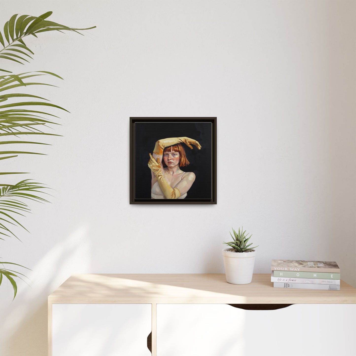 Framed Matte Canvas Art – Portrait of Woman in Yellow Gloves