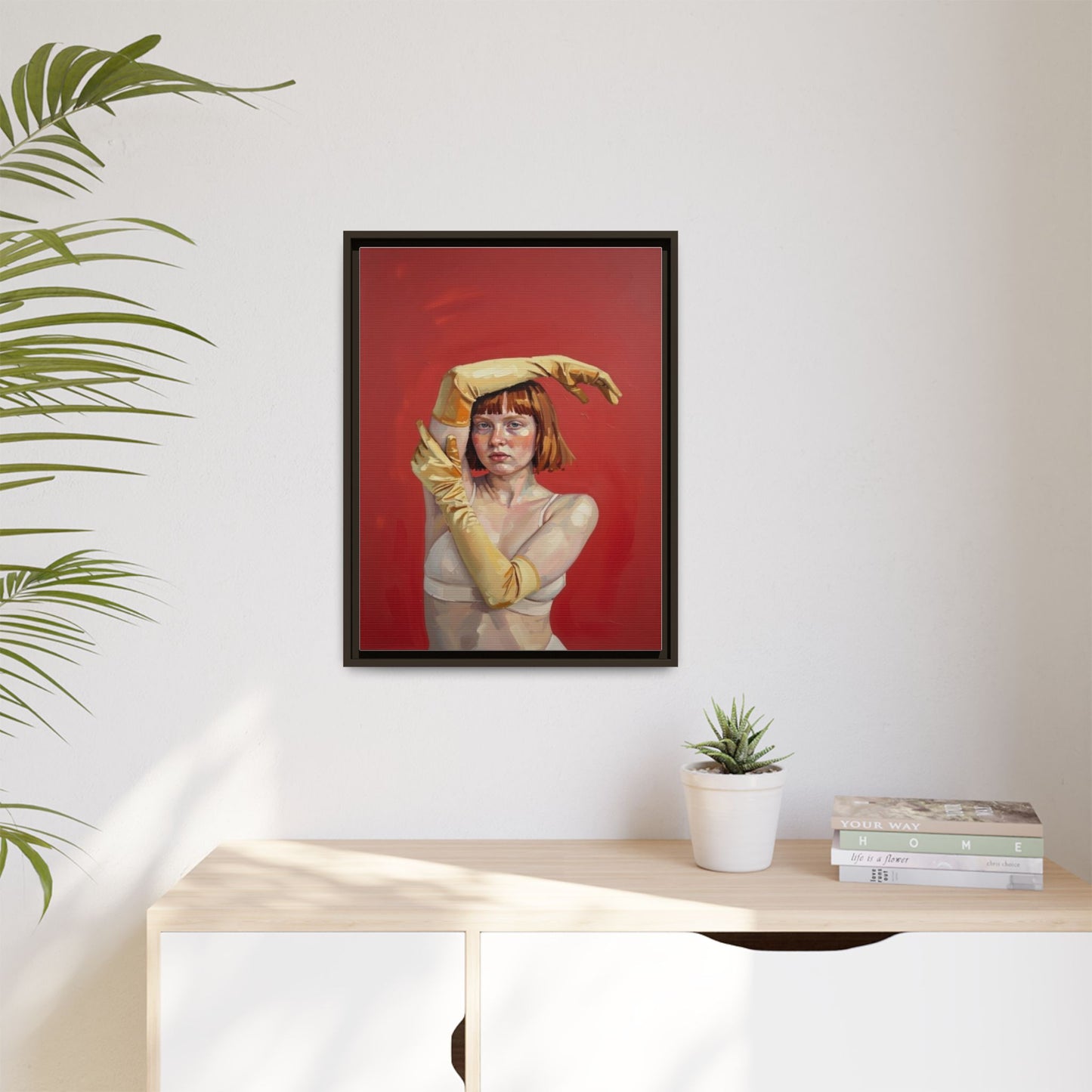 Framed Matte Canvas Art - Portrait of Woman in Yellow Gloves (Red Background)