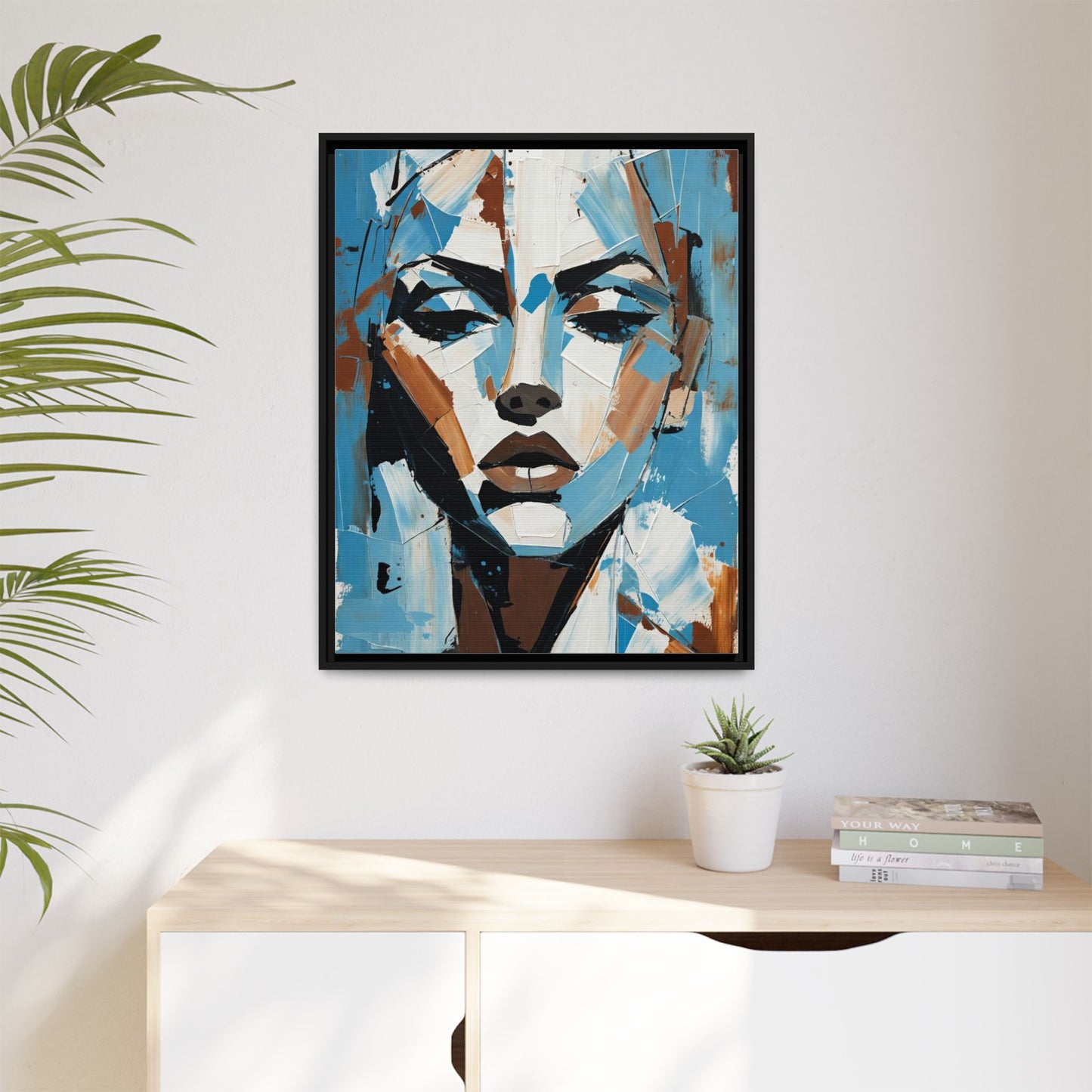 Abstract Blue Face Matte Canvas Wall Art — Framed Modern Portrait Print