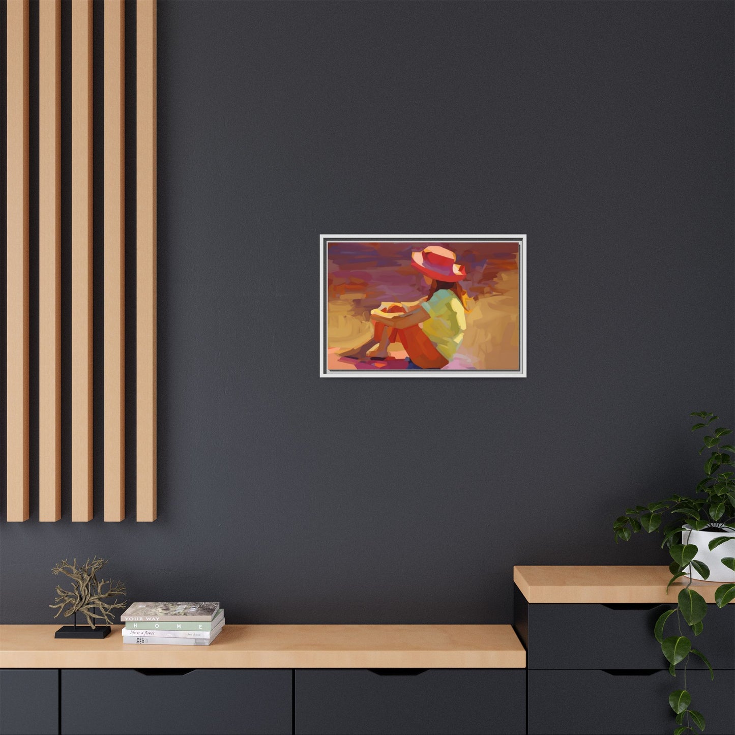 Framed Matte Canvas — Colorful Seated Girl Beach Art