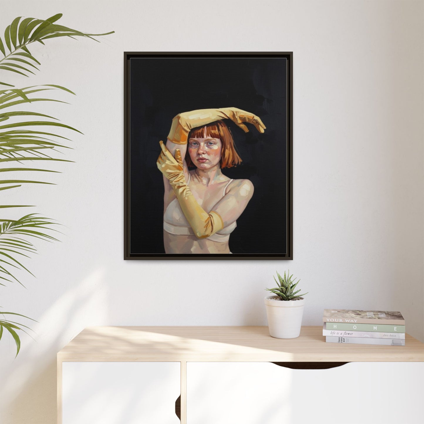 Framed Matte Canvas Art – Portrait of Woman in Yellow Gloves