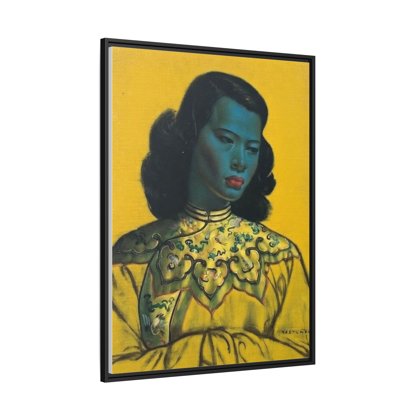 Framed Matte Canvas Art Print — Vintage Portrait with Yellow Background