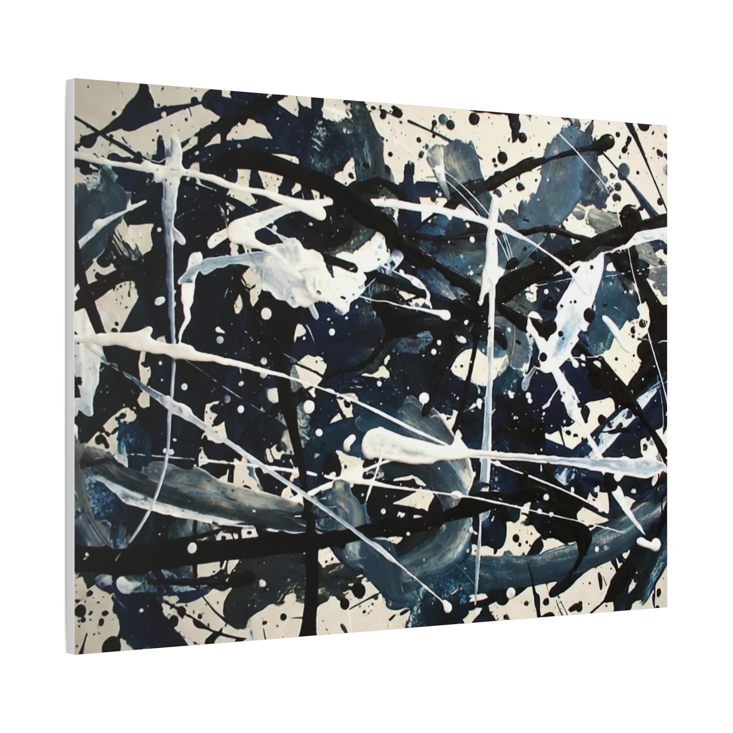Abstract Drip Painting Canvas Print — Blue & Black Modern Wall Art (Matte Stretched)
