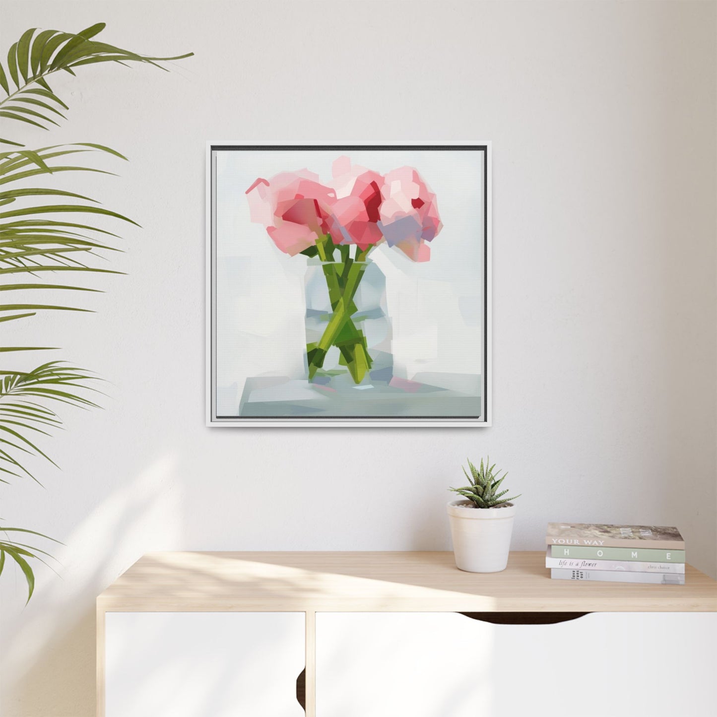 Framed Floral Canvas Art — Pink Peonies in Vase (Matte)