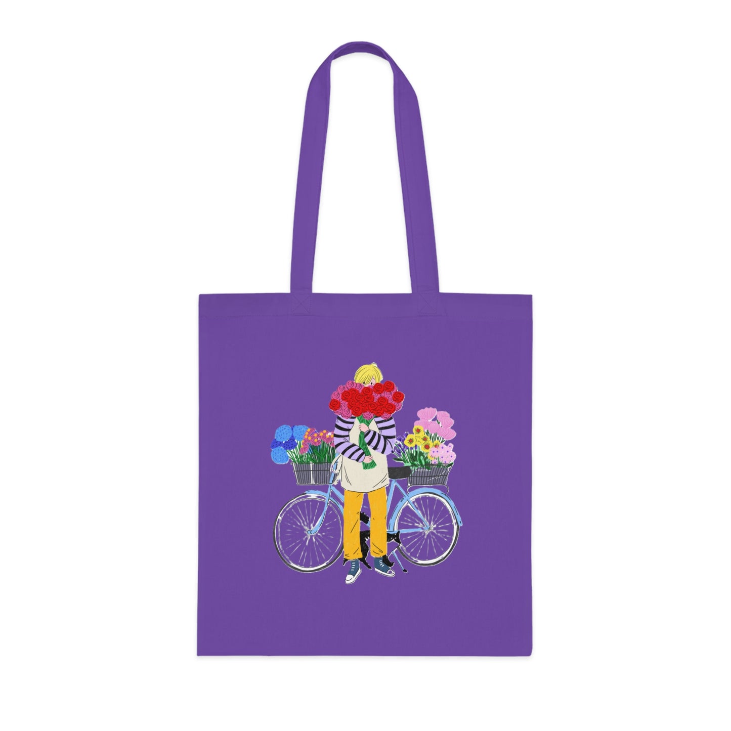 Floral Bike Tote Bag — Cotton Market Tote with Colorful Flower Bicycle Design