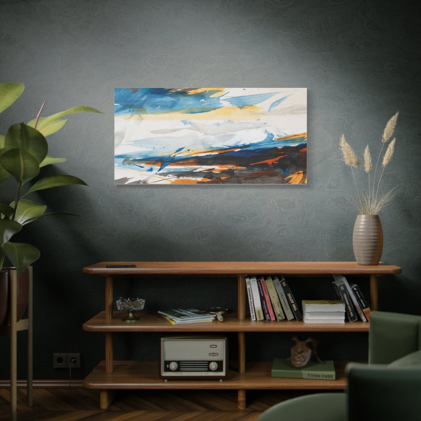 Abstract Oceanic Canvas Print — Blue & Amber Stretched Wall Art