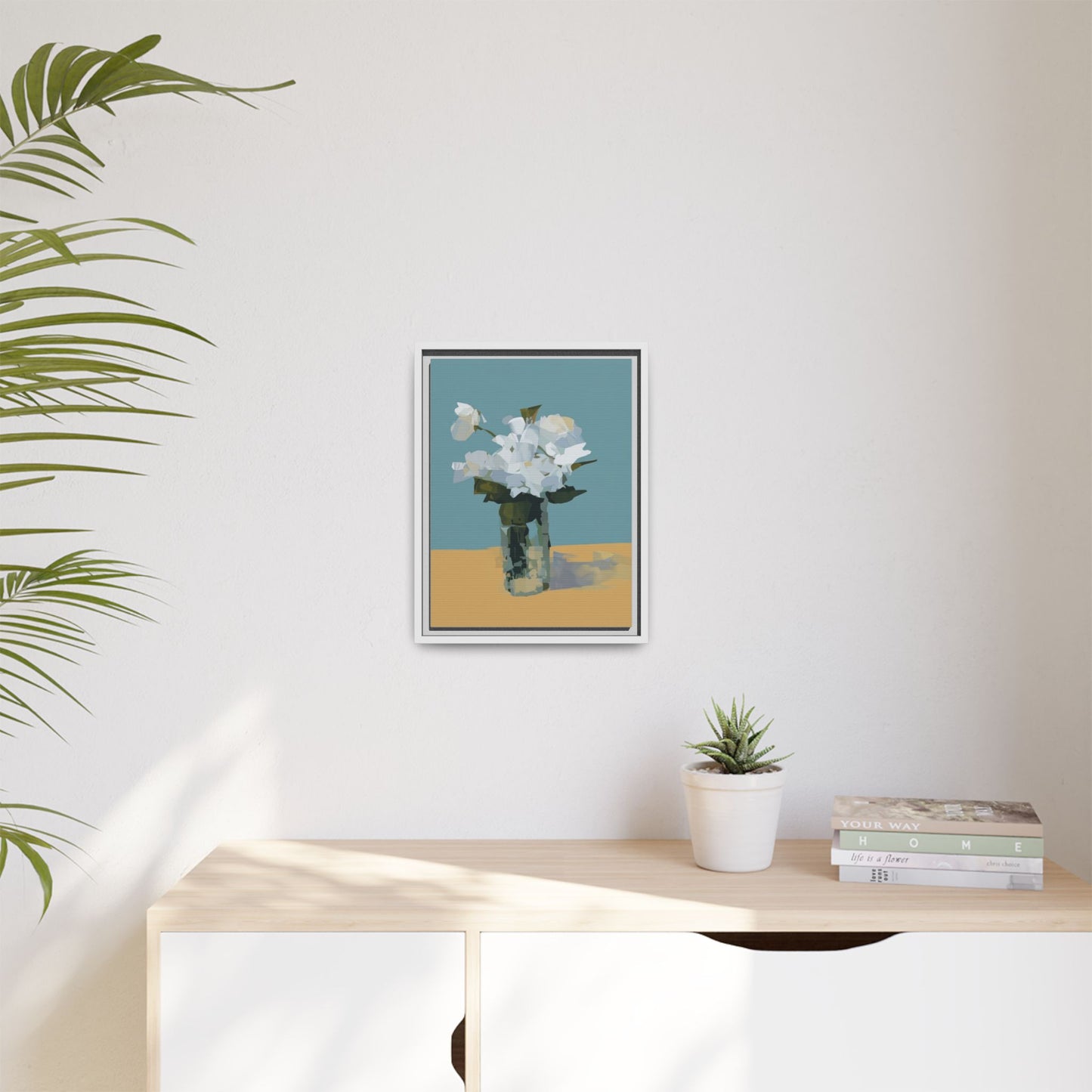 Framed Floral Still Life Canvas Art — Modern White Bouquet Wall Art