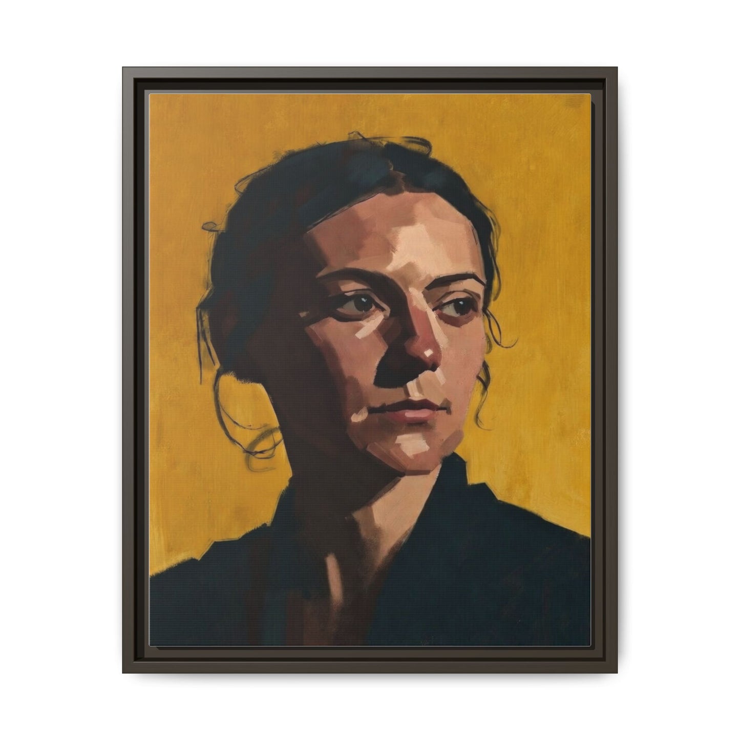 Framed Matte Canvas Portrait Art — Moody Woman on Mustard Background