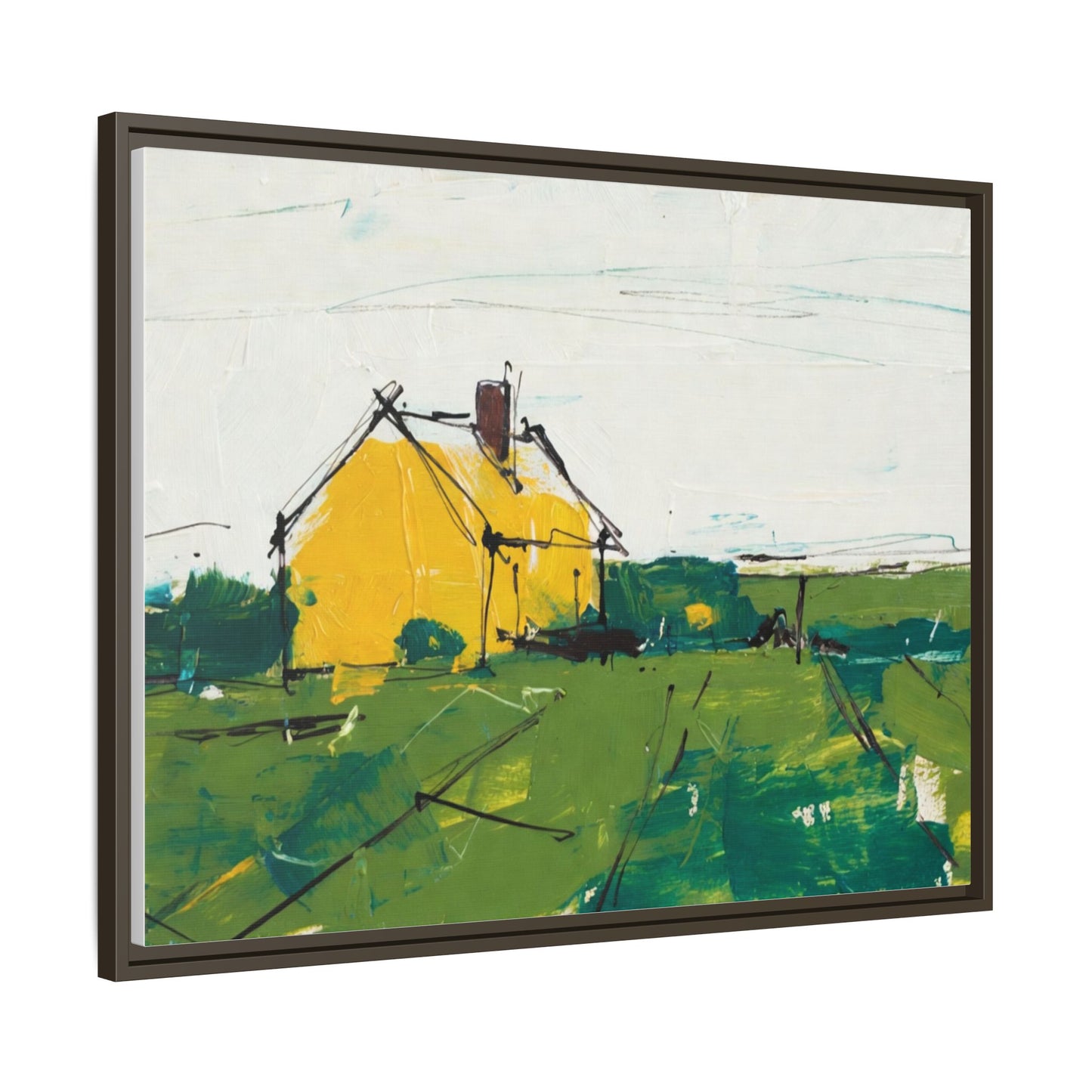 Yellow Cottage Landscape Framed Canvas Print
