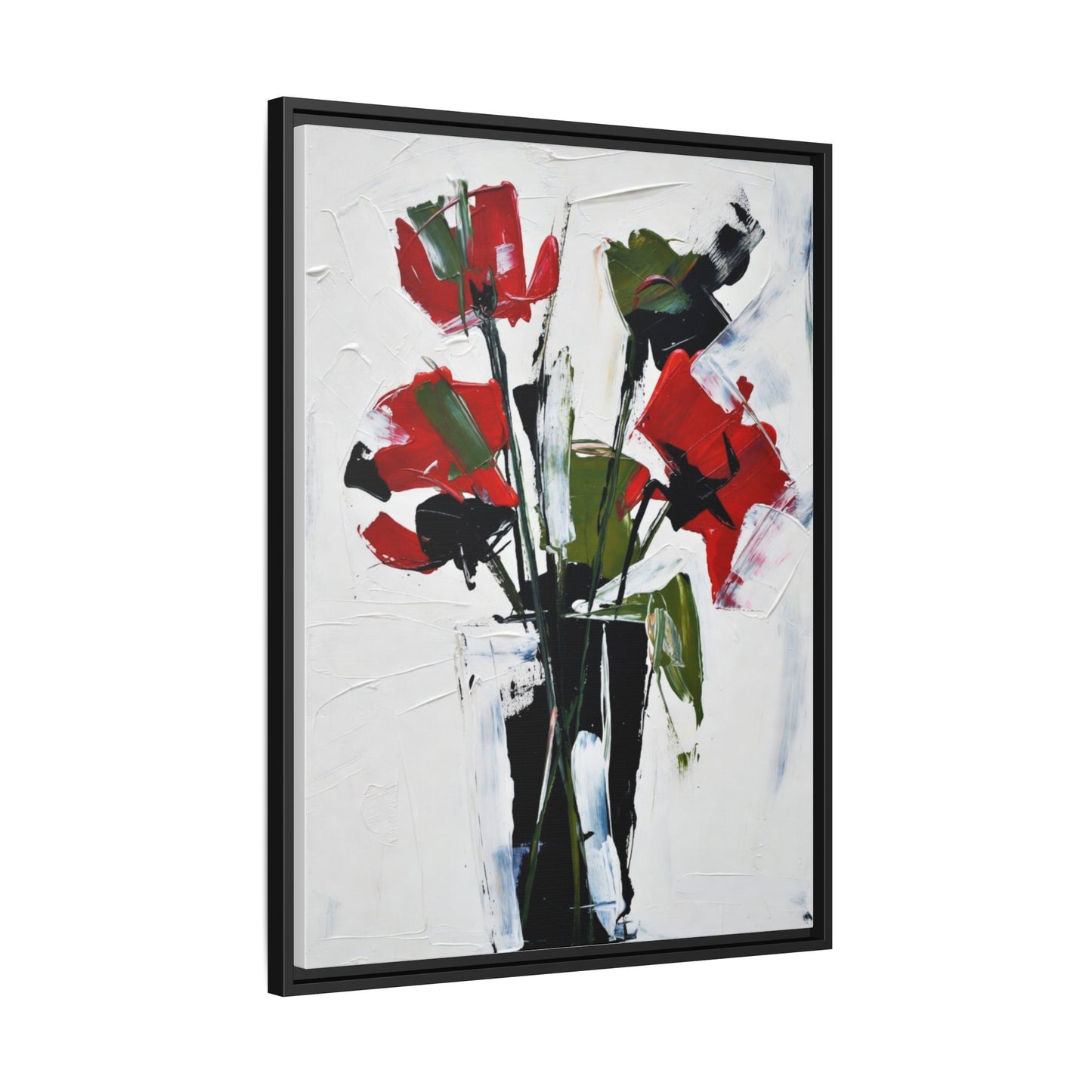 Framed Abstract Floral Canvas Print — Red Poppies in Black Vase