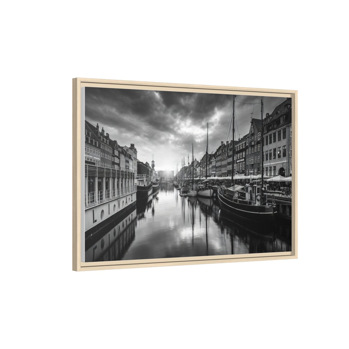 Framed Matte Canvas: Black & White Dutch Canal Photography Wall Art