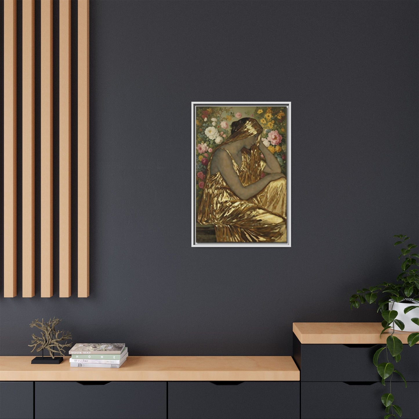Framed Canvas Art Print — Golden Muse Woman with Floral Background