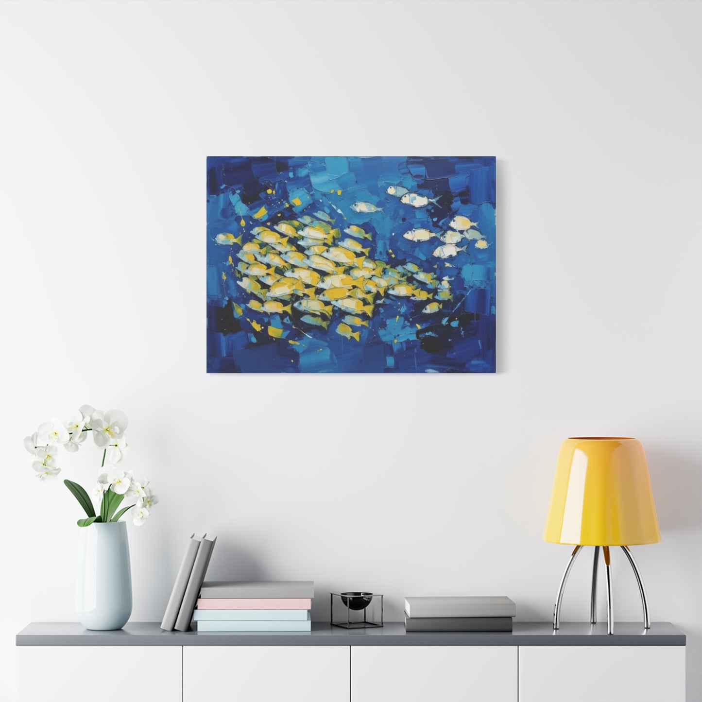 Canvas Wall Art - Blue School of Fish Matte Stretched Canvas