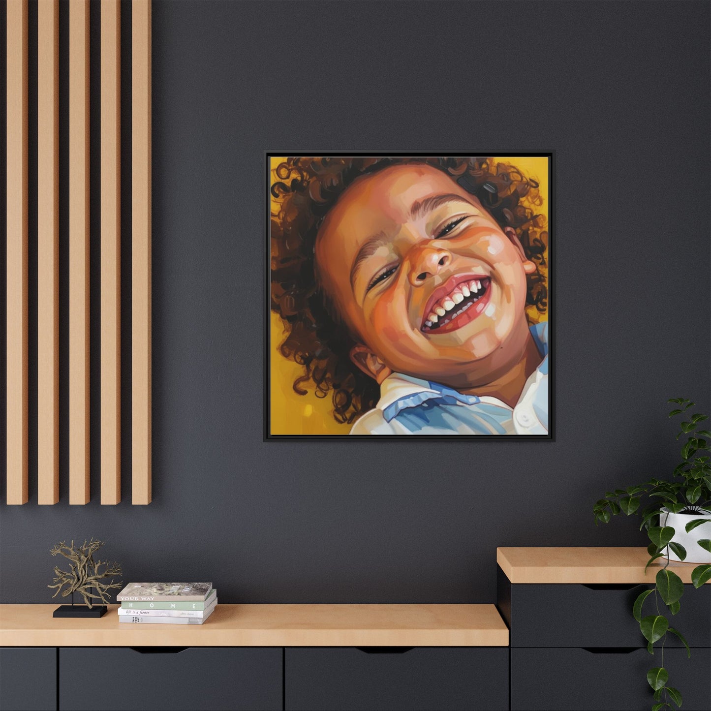 Framed Matte Canvas Print – Joyful Child Portrait, Colorful Nursery Wall Art