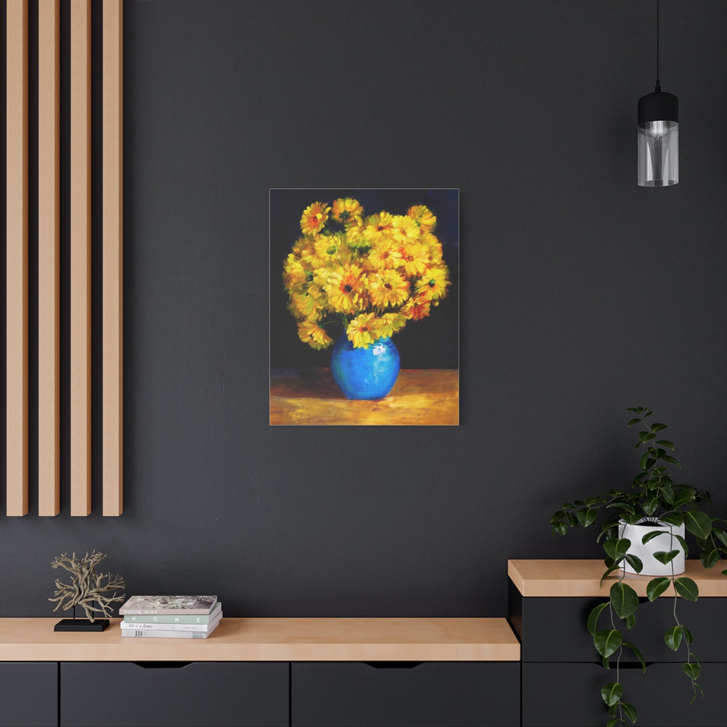 Yellow Chrysanthemum Canvas Wall Art — Blue Vase Floral Painting (Stretched Matte)