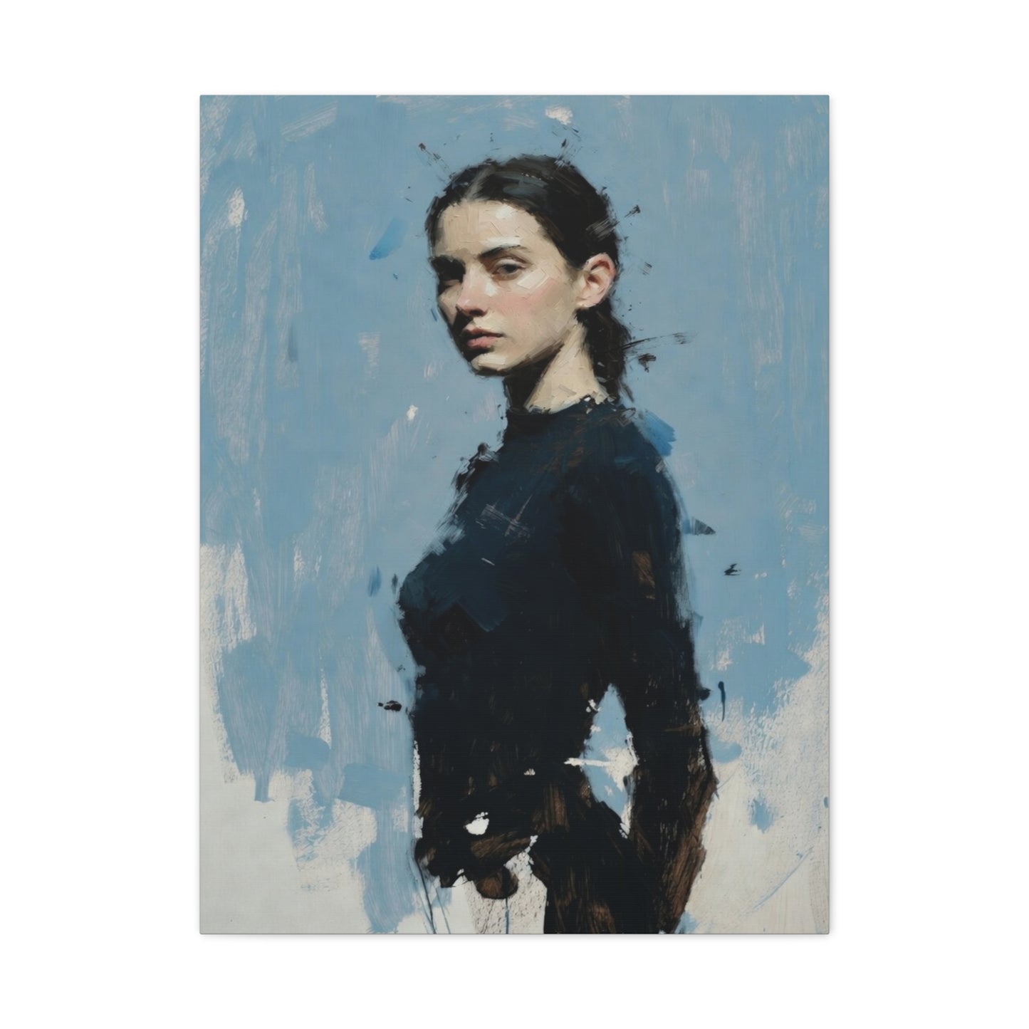Matte Stretched Canvas Print — Portrait of a Young Woman, Moody Blue Figurative Art